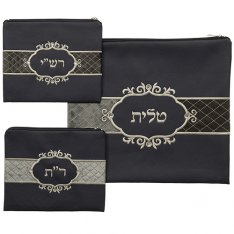 Tallit and Two Bags for Rashi and Rabbeinu Tam Tefillin – Dark Blue Faux Leather