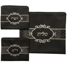 Tallit and Two Bags for Tefillin of Rashi and Rabbeinu Tam – Black Faux Leather