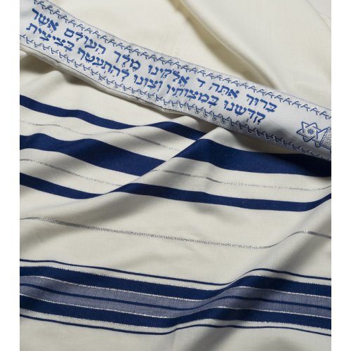 Traditional Tallit 100% Wool by Talitnia - Blue and Silver Stripes