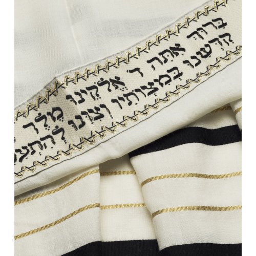 Traditional Tallit 100% Wool with Black and Gold Stripes by Talitnia