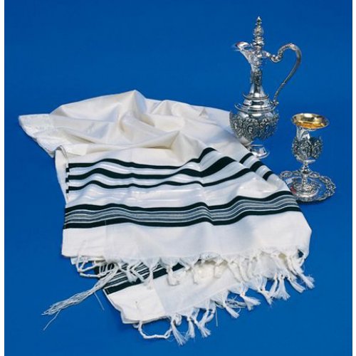 Traditional Tallit 100% Wool with Black and Silver Stripes by Talitnia