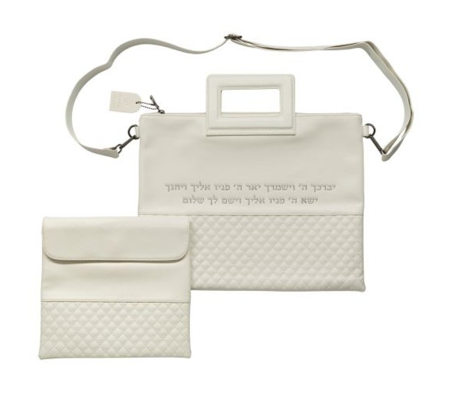 White Faux Leather Tallit and Tefillin Bag, Kohens Blessing - Shoulder Strap