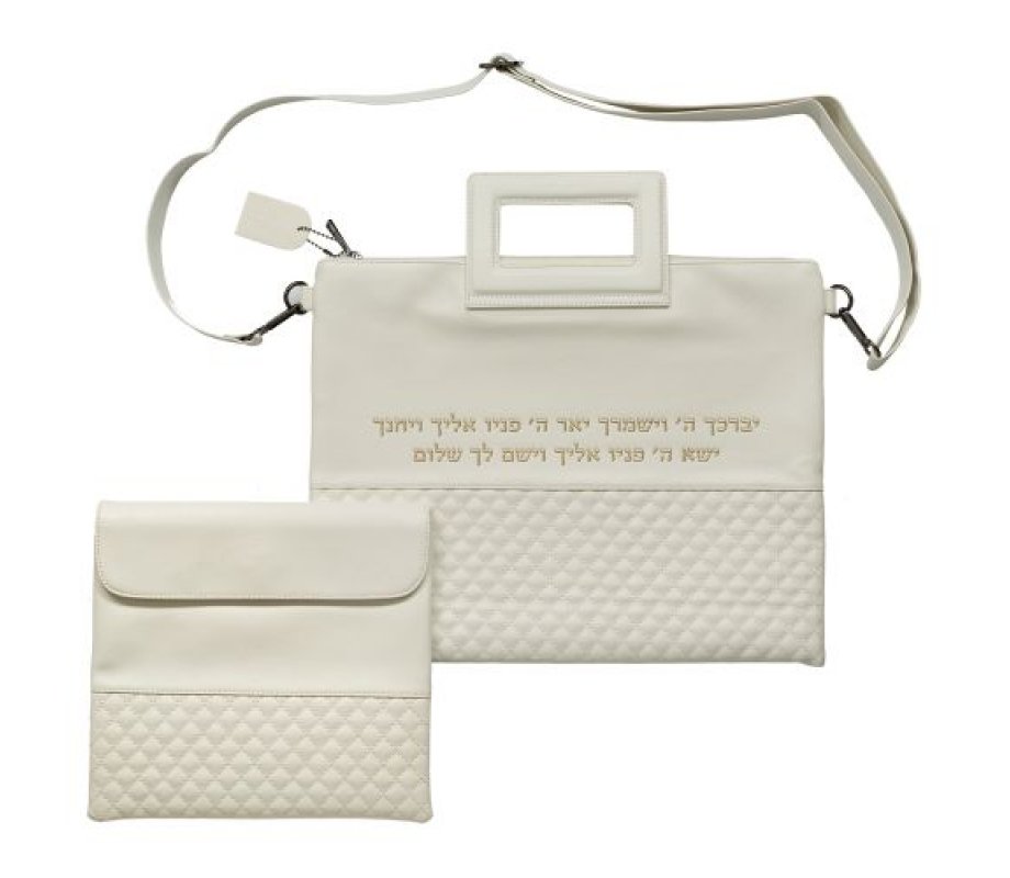 White Faux Leather Tallit and Tefillin Bag, Shoulder Strap - Gold Kohen Blessing